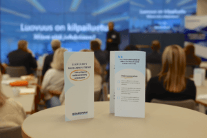 Boardmanin julkaisemat luovuuden johtamisen teesit -esite pystyssä pöydällä.